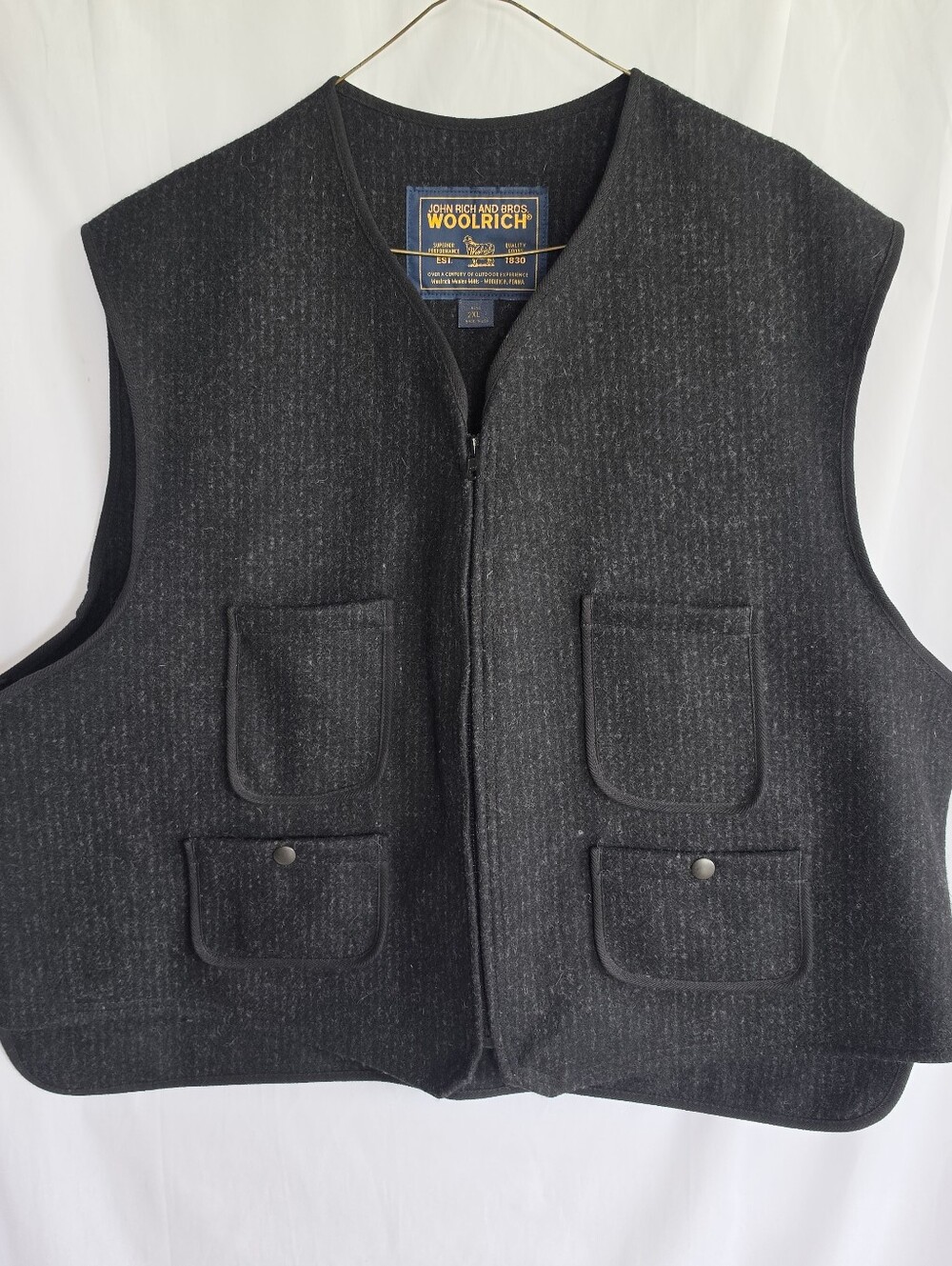 Woolrich John Rich & Bros Black Charcoal Wool Vest 2XL Adjustable Waist